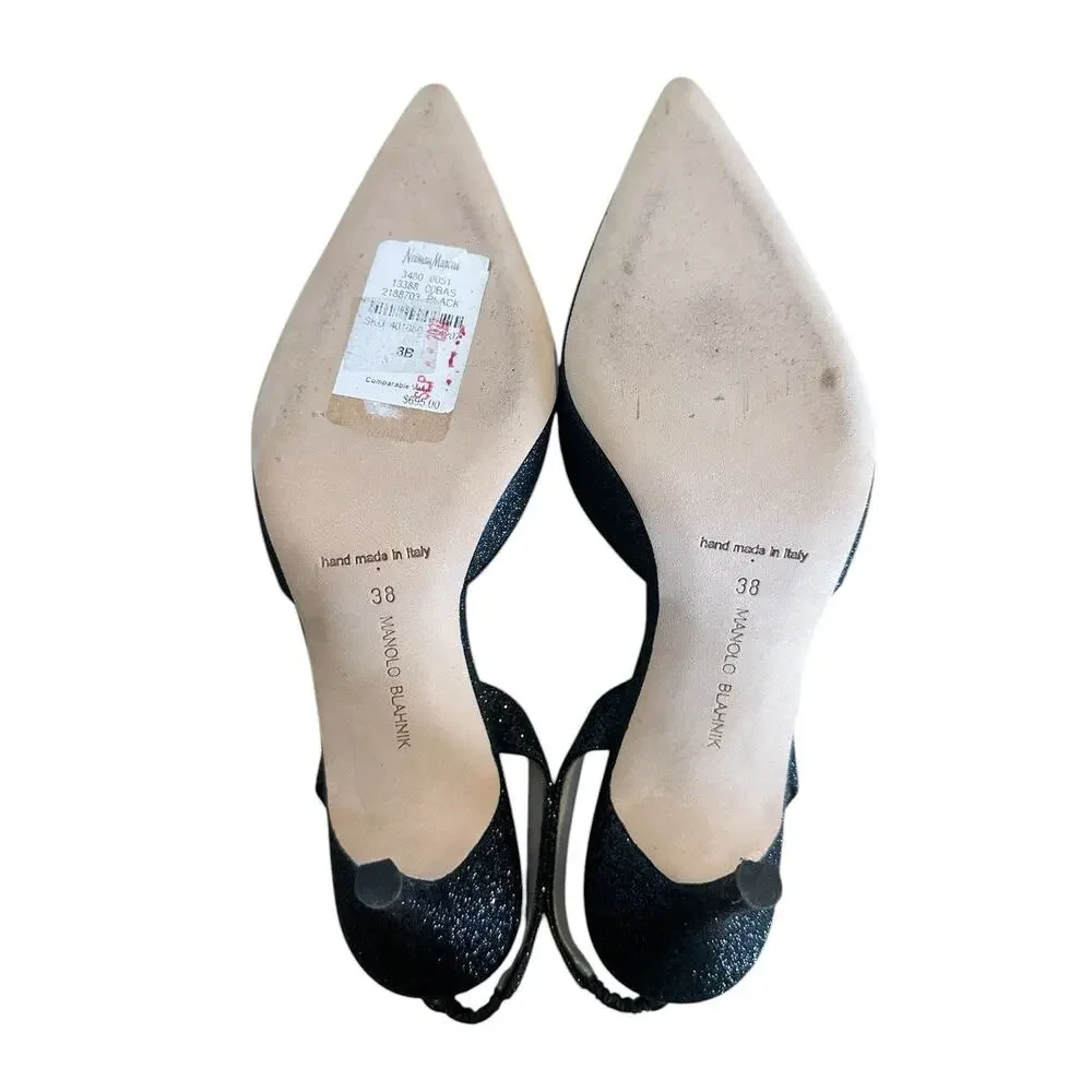 Manolo Blahnik Carolyne Black Glitter Pointed Toe Slingback Pump EU 38